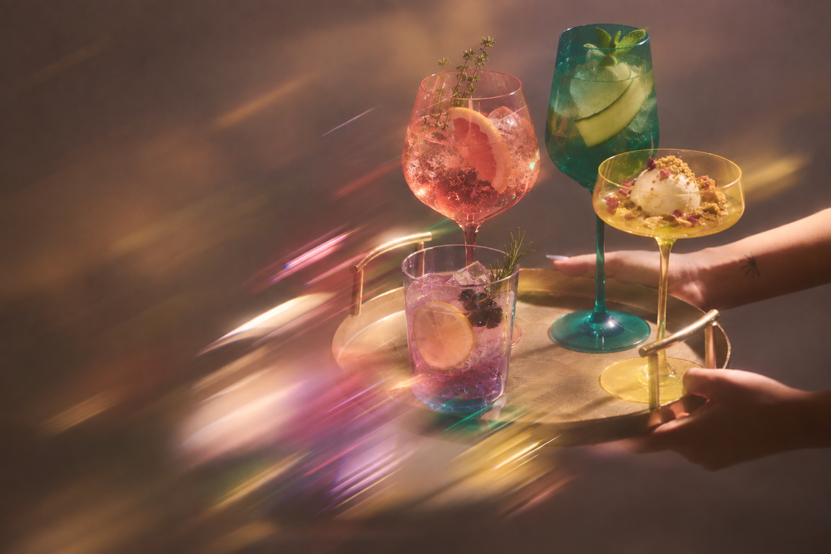 Three colorful cocktails served in elegant glassware on a gold tray, held by hands against a dark background with dramatic light streaks.