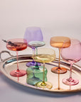 Six pastel coupe glasses in Rayt's pastel colours, boxed as a set