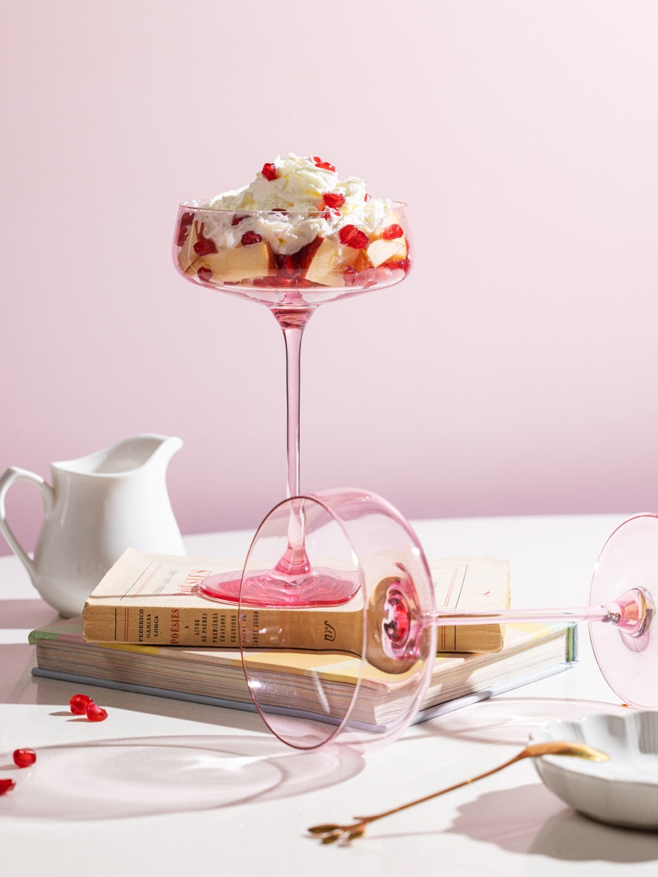 Peonies Pink coupe glass, shallow bowl on a slender stem