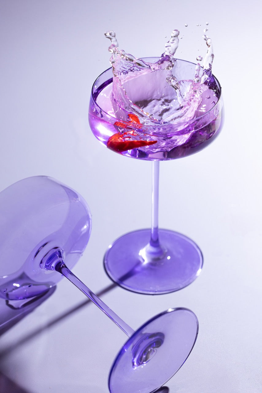 Serendipity Lilac coupe glass, shallow bowl on a slender stem